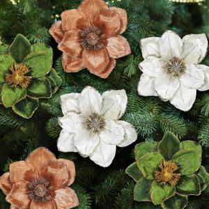 Mindsoft 20pcs Christmas Magnolia Flowers Velvet Poinsettia Artificial Flowers Glitter Christmas Tree Ornaments 6.4" for Xmas New Year Wedding Party Holiday Decoration(Dark Green)