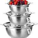 3 Pcs Stainless Steel Colander Strainer Set Metal Colander for Kitchen Pasta Strainer for Rice Food Fruits Spaghetti Vegetables (2QT, 3QT, 5QT) (Silver)