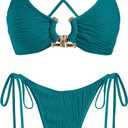 ZAFUL Women's Bikini Sets Ribbed Metal O Ring Criss Cross Two Piece Swimsuit Cheeky High Cut Side Tie Thong Bathing Suit, M