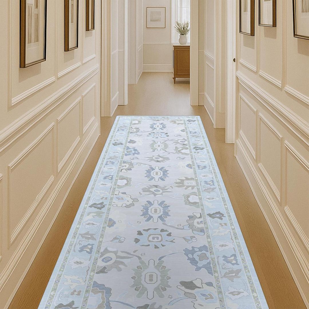 Fame Living Cream Blue Oushak Runner Rug, Modern Runners, Vintage, Turkish, Eclectic, Floral, Pastel, Washable, Long Runner Rugs for Hallway, Kitchen, Living Room, Bedroom, Kitchen, Bathroom, 2'5"x13'