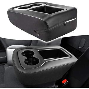 KBH Center Console Armrest Cover for Chevy Silverado & Tahoe & Suburban, GMC Sierra & Yukon 1500 2500 3500 2007-2014, Jump Seat Console, Leather + Cloth Blend Trim, Zipper Closure, Black