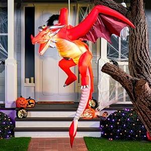 Joiedomi 5 FT Tall Halloween Inflatable Hanging Fire Dragon Decor with Build-in LEDs, Inflatable Blow Up Flying Dragon with Light for Halloween Party Indoor, Outdoor, Yard, Garden, Lawn Decorations