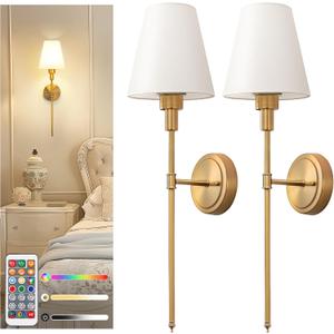 DORESshop Battery Operated Wall Sconce Set of 2, Wall Light Wireless Easy to Install Remote Control, Dimmable and Adjustable Sconces Wall Decor, Rechargeable Wall Lamp for Bedroom, Living Room, Gold (24.6 inch)