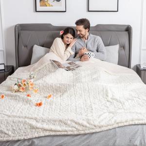 WOOMER Heated Blanket King Size 100" x 90", Electric Blanket with Dual Controls, 0.5-12 Hours Timer & 10 Heating Levels, ETL Certified, White Rose Patterns Faux Fur & Sherpa, Machine Washable