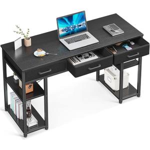 ODK Office Small Computer Desk: Home Table with Fabric Drawers & Storage Shelves, Modern Writing Desk, Black, 48"x16"