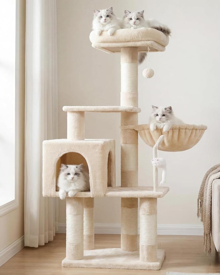 Heybly Cat Tree with Toy, Cat Tower Condo for Indoor Cats, Cat House with Padded Plush Perch, Cozy Hammock and Sisal Scratching Posts, Beige HCT004SM (43.3 inch)