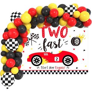 HOUSE OF PARTY Race Car Balloon Garland - 110 Pcs | Two Fast Birthday Decorations with Red Black White Yellow & Checkered Balloons with VROOM! Banner for Cars Party Decorations