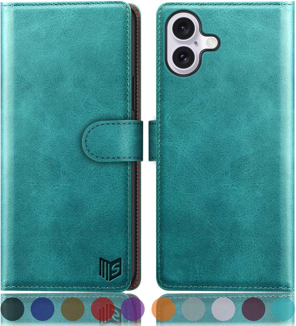 SUANPOT Compatible with iPhone 16 6.1" Wallet case with RFID Blocking Credit Card Holder,Flip Book PU Leather Protective Cover Women Men for Apple 16 Phone case Blue Green