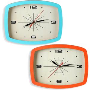 2 Pcs Retro Wall Clock ModernMid Century Decoration Silent Non Ticking Blue Orange 10 Inch Rectangular Retro Clock Battery Operated Vintage Wall Art for Living Room Office Kitchen Bedroom