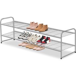 AOODA 2 Tier Long Metal Shoe Rack for Closet Wide Stackable Shoe Storage Organizer 18-Pairs Low Small Sneaker Rack for Entryway, Bedroom, Garage, Grey (11.4 x 42.7 x 18.7)