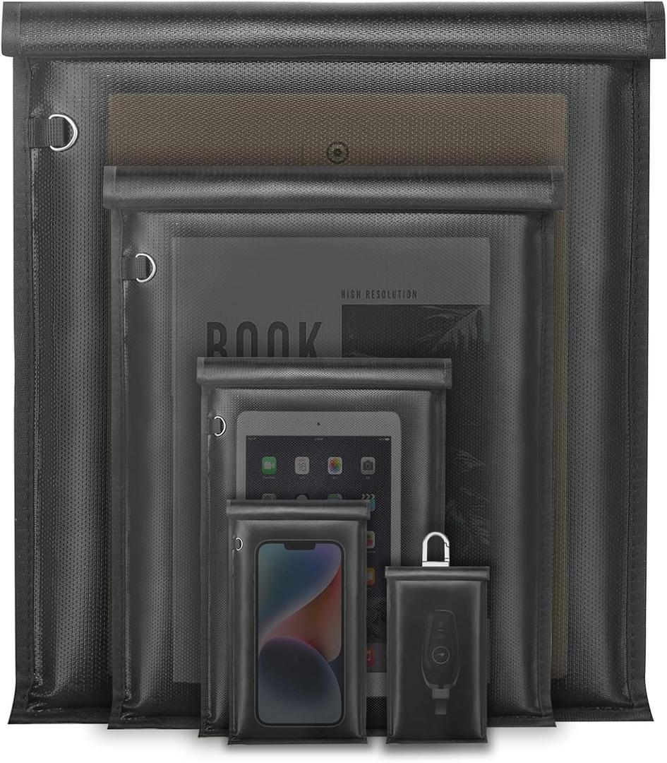 yaokvide Large Faraday Bags - 5 Pack Faraday Cages for Laptops & Tablets & Phones & Car Keys, Faraday Key Fob Protector, Fireproof & Waterproof Anti-theft Signal Blocking Pouch (5 Pack without Reflective Strip)