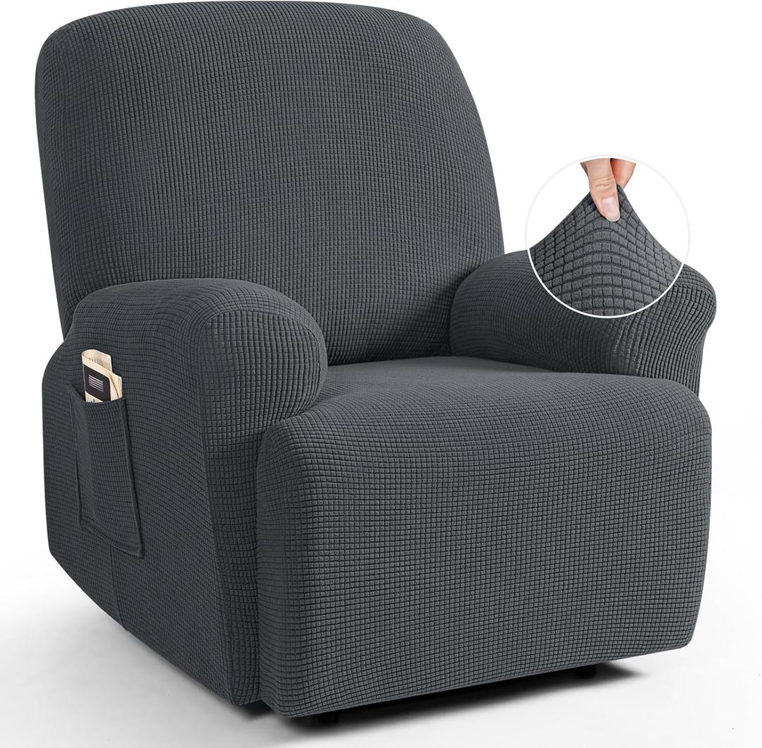 TAOCOCO Recliner Cover 4-Pieces, Recliner Stretch Sofa Slipcover, Recliner Cover 1 Seat, Couch Protector Soft, Furniture Protector Covers with Elastic,Chair Covers Jacquard Pattern (Charcoal Grey)