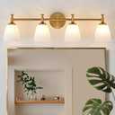 Bathroom Vanity Light Fixture, 4-Light Vintage Bathroom Lighting Fixtures Over Mirror, Antique Brass Finish with Frosted Milk Glass Shade, Wall Sconces Lighting for Bedroom, Living Room, Hallway