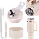 Cup Lid Replacement for 20/30 Oz Stanley Tumbler,Flip Straw Lid with Double Drinking Mouth, Cleaning Brush and Cup Boot Leakproof & Dustproof Cover for Stanley Cup Accessories (Cream, 30/20)