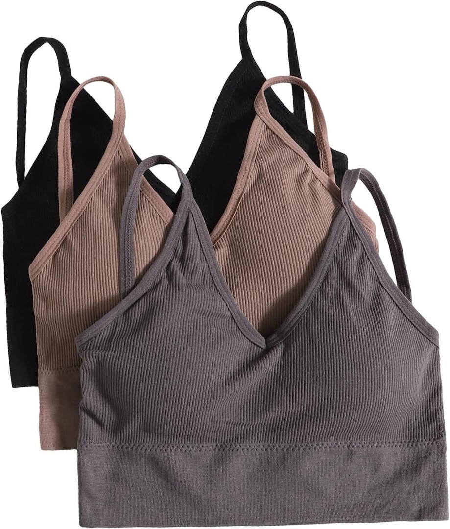 OYOANGLE Women's 3 Pack Ribbed Knit Bras Criss Cross Padded Seamless Wireless Bralettes Small (Black Brown Grey)