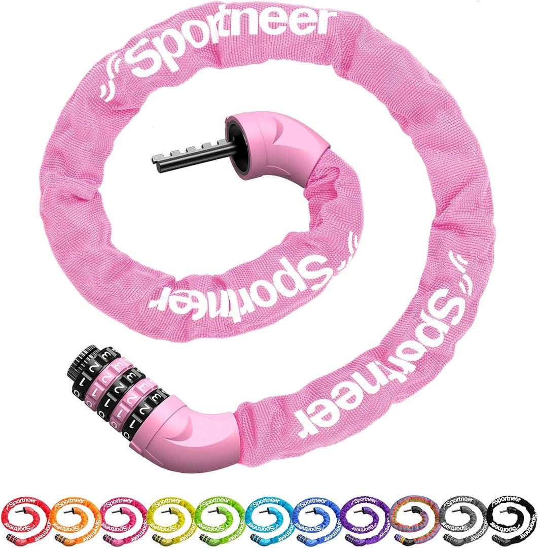 Sportneer Bike Lock: 5 Digit Combination High Security Anti Theft Bike Chain Lock - 3.2/3.6/4ft Heavy Duty Keyless Bicycle Lock for Bike, Motorcycle, Scooter, Door & Gate - 4/6mm Thick, Easy to Use (Pink)