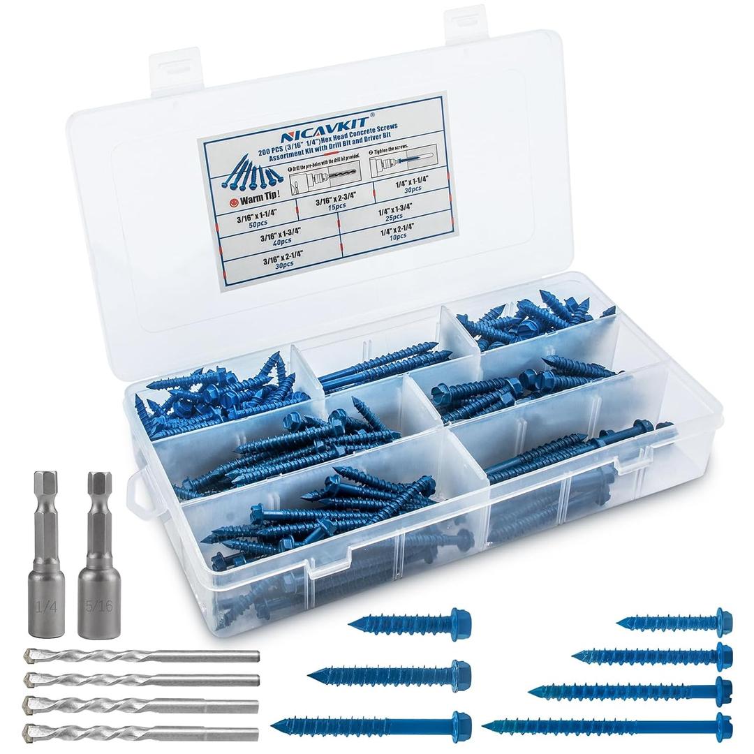 200Pcs Concrete Screws with Drill Bit and Driver bit, 3/16" 1/4" Hex Head Concrete Cement Screws Assortment Kit for Anchoring to Masonry, Block or Brick Stucco, Length 1-1/4" to 2-3/4"