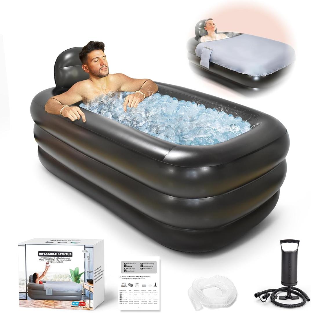 Nevife Inflatable Ice Bath Tub for Adults- Blow Up Bathtub with Cover&Comfort Floor,Foldable Tub for Shower, Spa, Ice Baths, Camping-Includes Hand Pump, XL (63x35.4x19.7 inches)