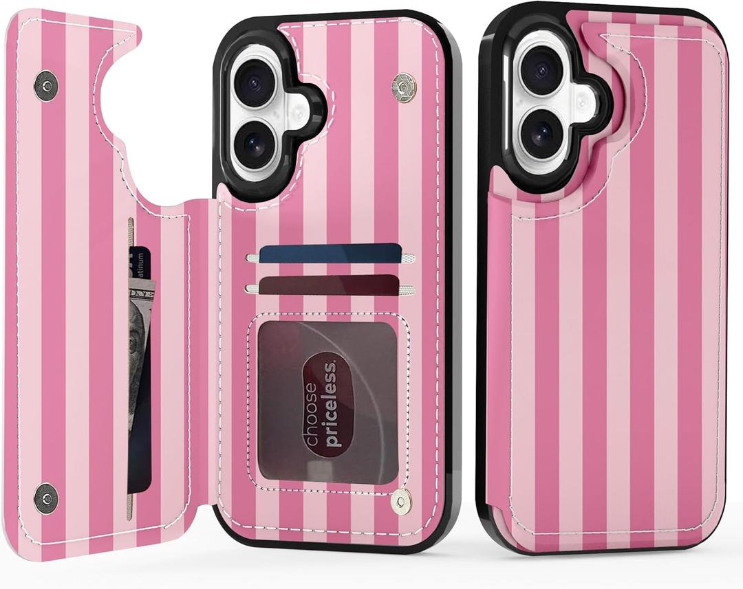 for iPhone 17 Wallet Case with Card Holder, Military-Grade Drop Protection, Flip PU Leather Built, Double Magnetic Clasp and Durable Shockproof for iP17 6.3 Inch Cover - Stripes (Pink)