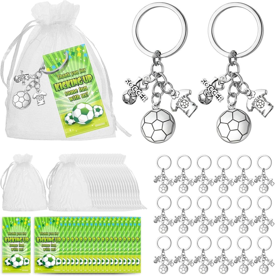 Bucherry 60 Pieces Soccer Party Favors, Includes 20 Soccer Keychains 20 Drawstring White Organza Bags 20 Thank You Tags for Adults Sports Theme Birthday Party Supplies