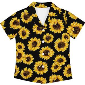Cumagical Yellow Sunflower Print Birthday Shirt Boy Cute Hawaiian Shirts Button Up Shirt Teen Boy Casual Party Hawaiian Button Up 9-10