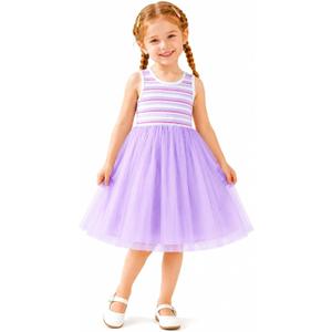 HILEELANG Girls Tulle Dress Lavender Sleeveless Ribbed Stripe Top Spring Summer Toddler Little Girls, 5T