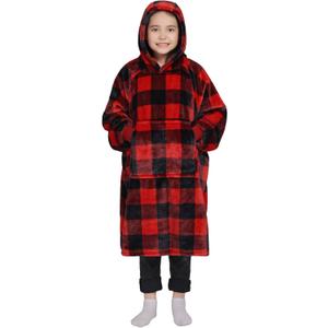 Waitu Wearable Blanket for Kids, Wearable Blanket Hoodie Gifts for Teens Girls and Boys, Warm Blanket Sweatshirt for Teenage, Hoodie Blanket with Sleeves - Red and Black Plaid