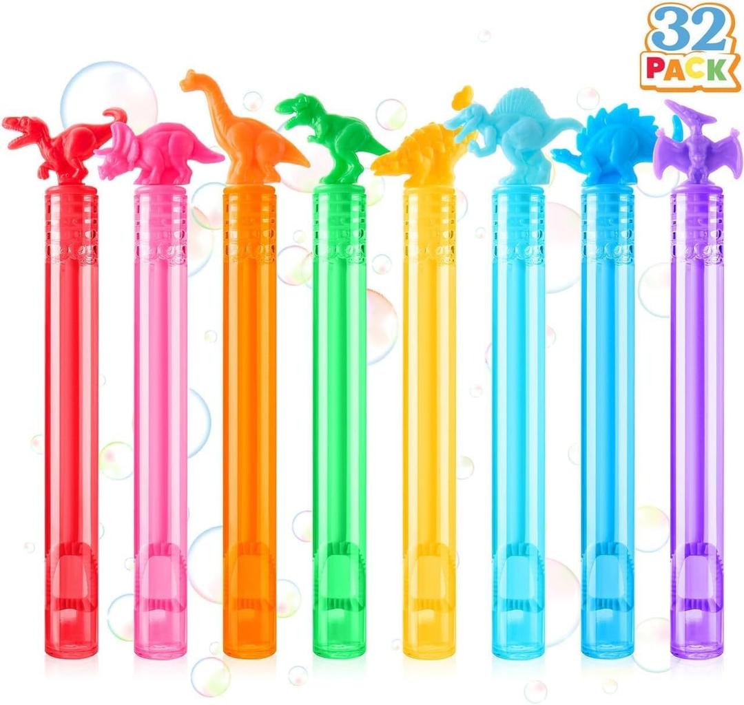 JOYIN 32 Pack Bubbles Party Favors for Kids, 8 Colors Dinosaur Mini Bubble Wands, Goodie Bag Stuffers, Treasure Box Toys, Classroom Prizes for Boys Girls