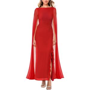 MAYFASEY Women's Sexy Elegant Long Sleeve High Split Mesh Ruched Formal Long Evening Party Maxi Dress with Cape (Red, M)