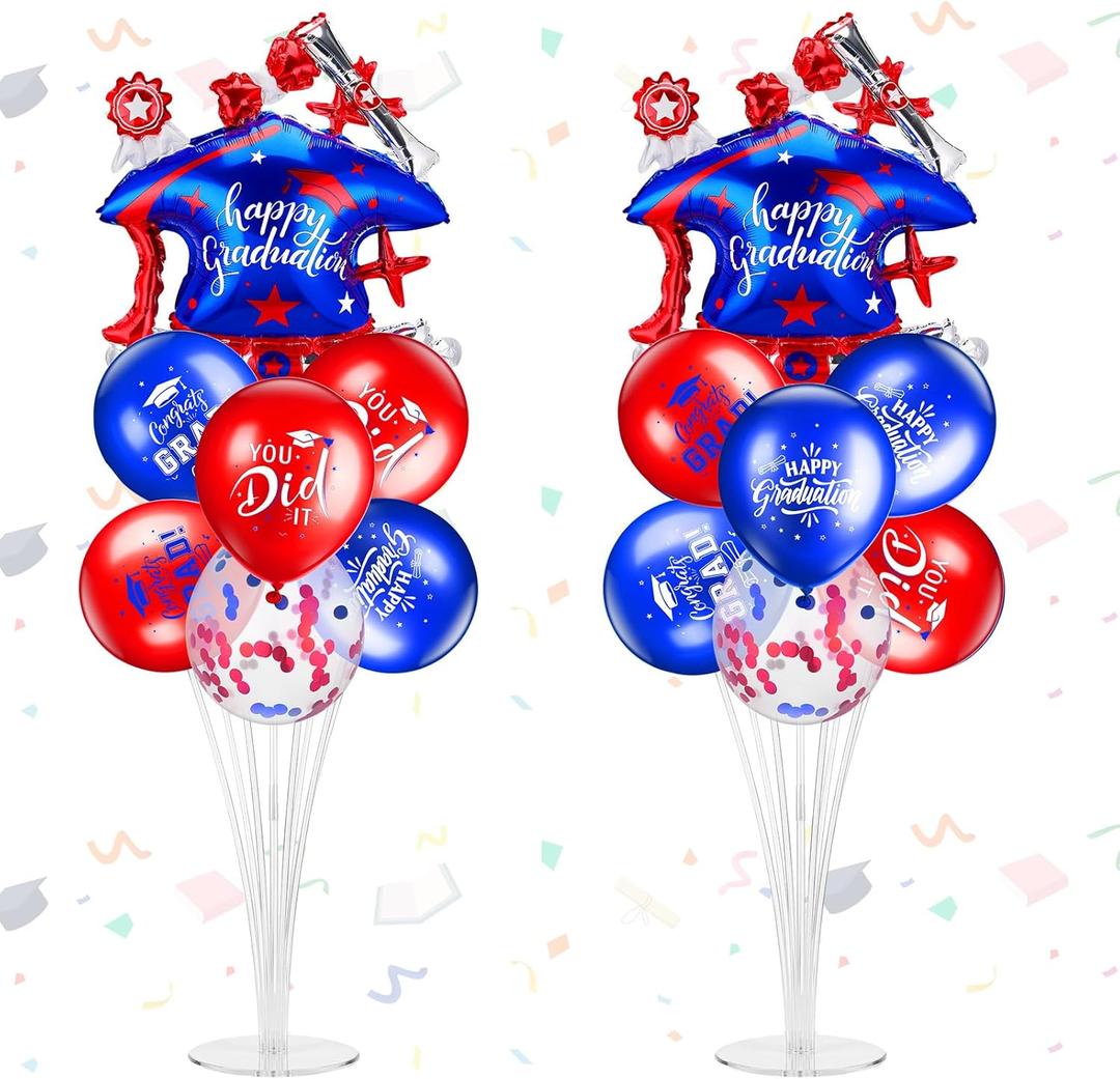 Jenaai Red and Blue 27 Pcs 2026 Graduation Balloon Centerpiece with Stand Congrats Grad You Did It Graduation Cap Balloons Column Tower Kit for High School College Party Table Decorations