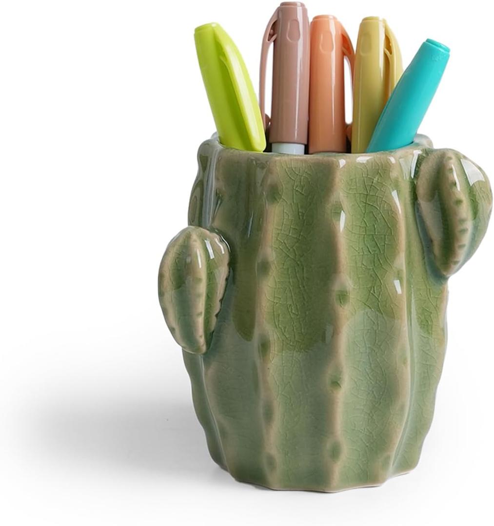 Ceramic Cactus Pen Holder, Cactus Decor Cute Pencil Holder, Makeup Brush Holder for Home, Office Desk Accessories(Light Green Cactus) (Large(Diameter 7.5CM))