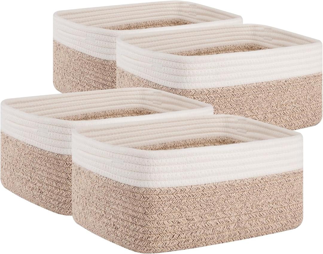 OIAHOMY 4 Pack Storage Baskets for Organizing, Small Bins for Shelves, Cute Decorative Storage Bins, Organizer Baskets for Gifts Empty, 13''Lx8.7''Wx5.1''H, Brown/White