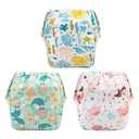 Babygoal Baby Girl Swim Diapers 3 Pack for 0-8 Months Infant, Reusable Adjustable Washable for Swimming Lessons-Seaweed & Sea Crab (Small)