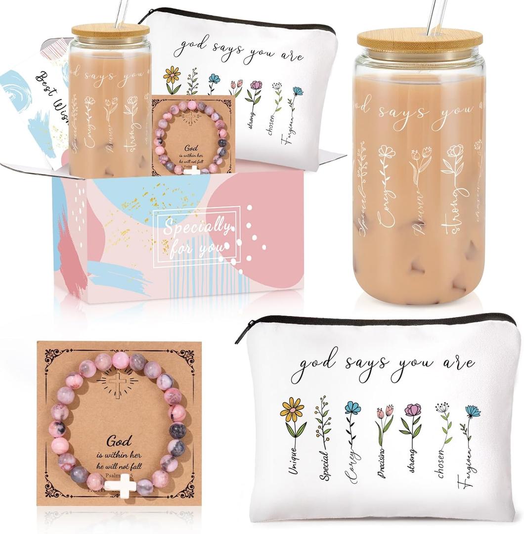 Christian Religious Gifts for Women, Birthday Gifts, Graduation Gifts for Her, Inspirational Bible Jar, Spiritual Religious Catholic Baptism Gifts, Gift Basket with 16 Oz Glass Cup, Makeup Bag