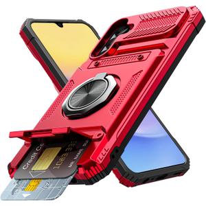 Vofolen for Samsung Galaxy A15 5G Phone Case with Card Holder [Store 2 Cards] + 360 Rotated Ring Holder Kickstand Heavy Duty Shockproof Wallet Phone Case for Samsung Galaxy A15 5G, Red