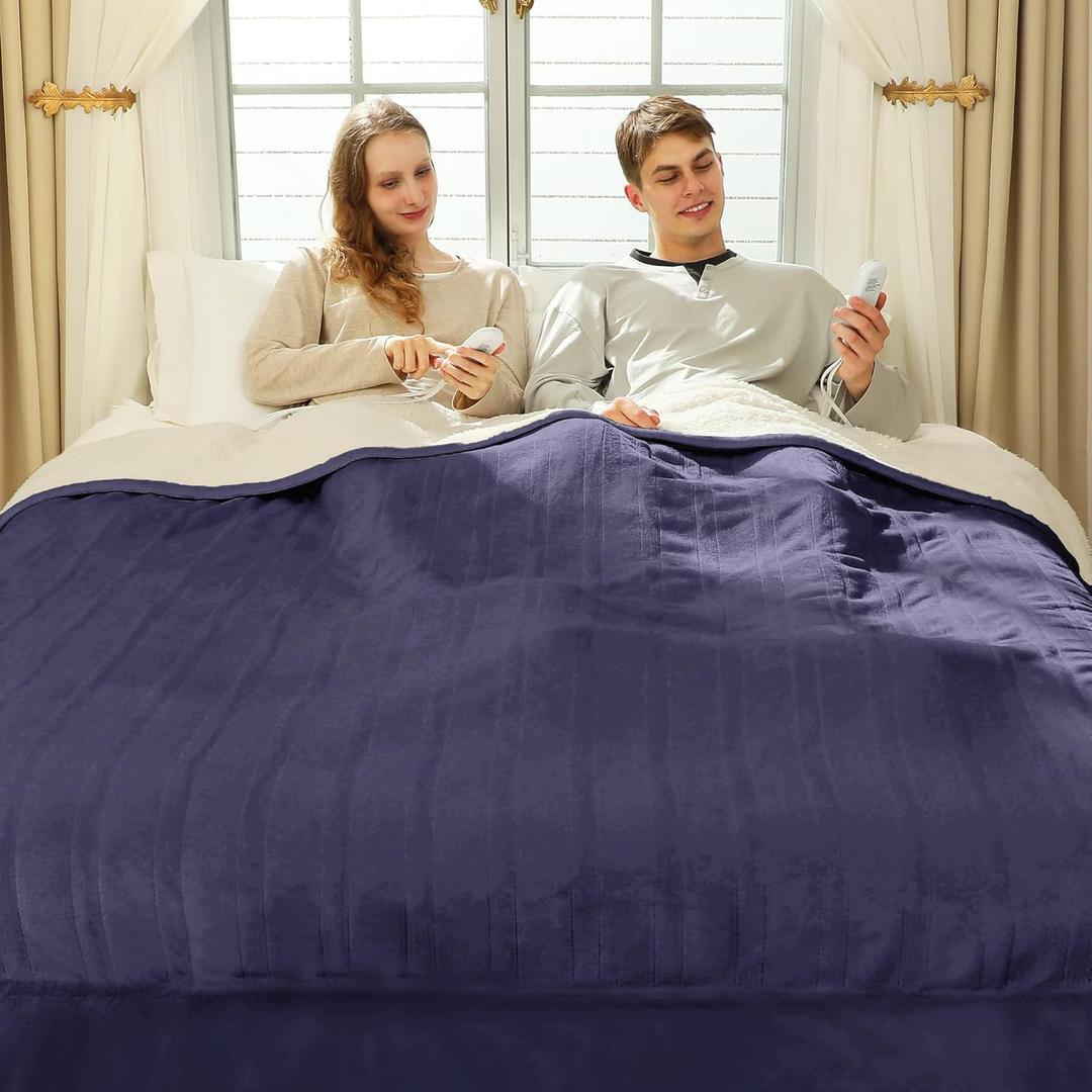 VELLUBAM King Size Heated Blanket 100" x 90"  Soft Warm Flannel Sherpa Electric Blanket with Dual Control, 5 Heating Levels & 10 Hours Auto Off, Washable Heated Blanket with Fast Heating (Purple)