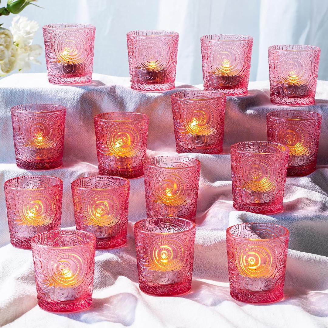 56 Pack Sun Moon Star Embossed Glass Tea Light Candle Holders - Votive Candle Holders for Wedding, Party, Home Decor, and Table Centerpieces (Blush Pink)