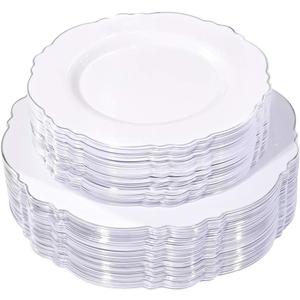 WDF 100pcs Silver Plastic Plates - High-end Baroque Design - Heavy Duty White &Silver Plates for Upscale Parties &Wedding