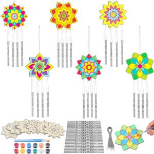 24 Sets Lotus Wind Chimes Craft for Kids Color Your Own Windchime DIY Unfinished Wood Hanging Ornaments Coloring Wind Chime for Kids Gifts School Home and Party Supplies