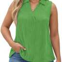 DOLNINE Womens-Plus-Size-Summer-Tank-Tops Dressy V Neck Collared Polo Shirts Casual Sleeveless Tunics Trendy Textured Blouses, 2XL, Green