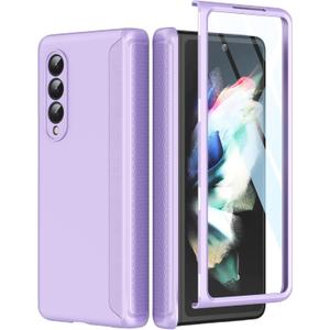 Slim Thin Z Fold 3 Case with Hinge Coverage, Screen Protector, Matte Hard Shockproof Full Body Protection Phone Cover for Samsung Galaxy Z Fold 3 5G (Purple)