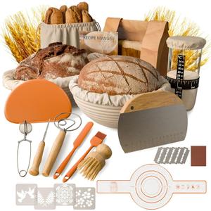 Sourdough Starter Kit, 9" Round and 9.7" Oval Banneton Proofing Baskets, Bread Baking Supplies with Glass Starter Jar, Dough Whisk, Bread Lame, Scrapers and Linen Liners