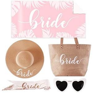 5 pc Bride Beach Bag Honeymoon Gift, Bachelorette Gifts for Bride, Bride to be Gifts, Bride Straw Sun Hat, Bag, Microfiber Towel, Silk Scarf, Sunglasses, Bridal Shower Gift (Bride Beach Gift Set)
