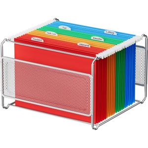 MaxGear Hanging File Folder Organizer, Metal Mesh Desk Storage for Letter Size Files, Filing Crate Frame for Office, Home, School, Silver