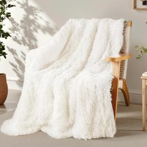 Exclusivo Mezcla Fuzzy Faux Fur Throw Blanket, Reversible Shaggy Sherpa Fleece Blankets, Fluffy Plush Warm Throws for Couch, Bed, 50x60 Inches, White
