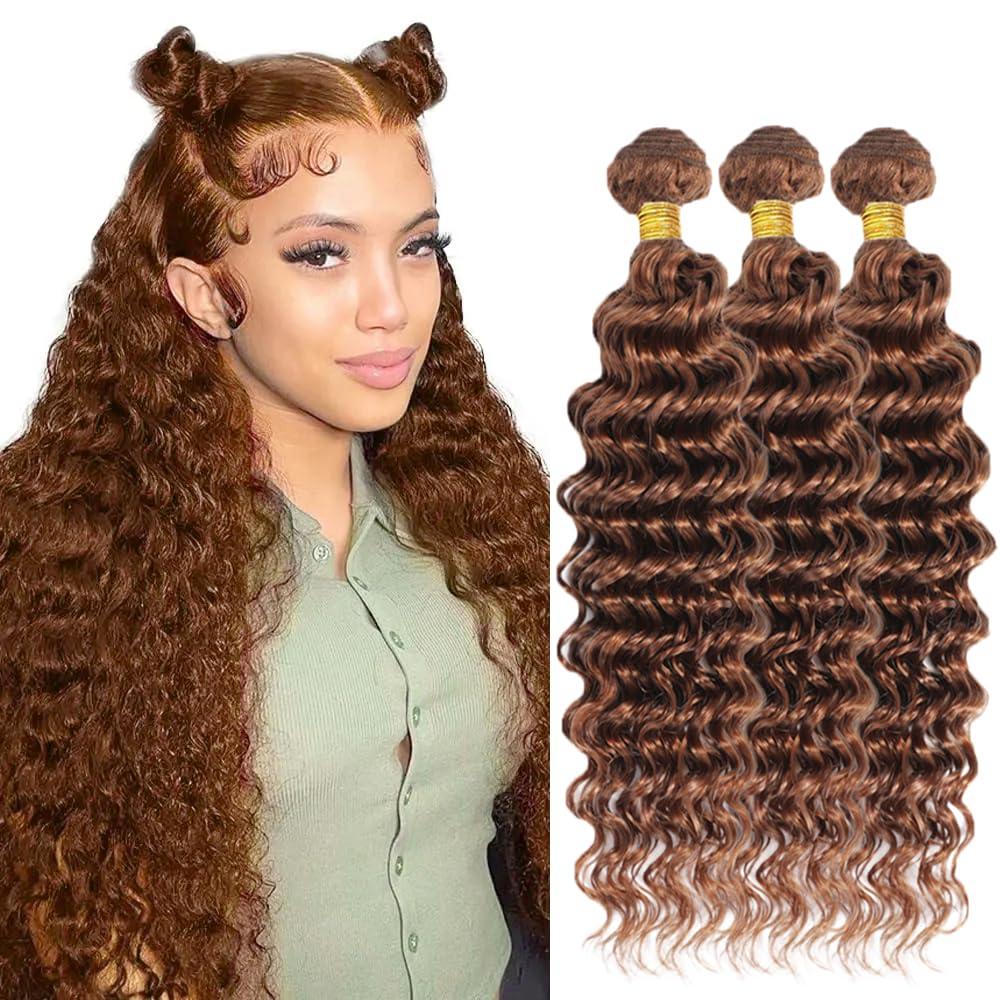 Light Brown Bundles Human Hair Color #30 Deep Wave Bundle 12 14 16 Inch Unprocessed Virgin Hair 150g/3 Bundles Brown Deep Wave Bundle Hair Weave