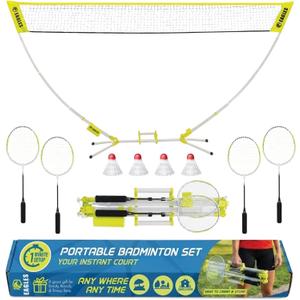 Complete Portable Badminton Set - Quick & Easy Setup - 4 Rackets 2 Birdies Shuttlecock, 1 Net & Badmington Pole Frame for Backyard Park & Beach Games, Indoor Outdoor Sports Equipment for Family Fun