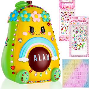 Girls Piggy Bank, Cute Piggy Bank for Girls Unbreakable Personalized Avocado Rainbow Piggy Bank for Kids Toddlers, Resin Money Coin Bank with Stickers
