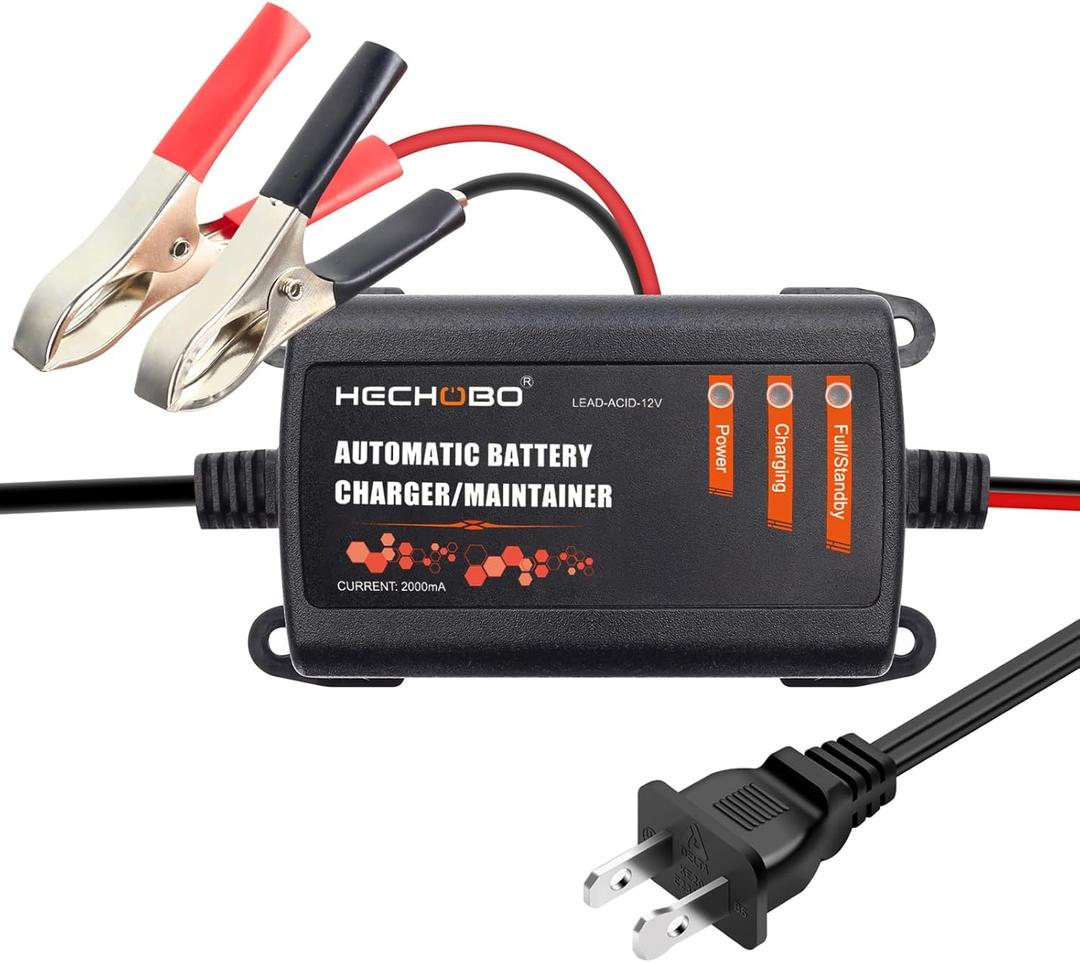 12v 2A Battery Charger, Trickle Charger for Lawn Mower Battery, Motorcycle, car, Boat, ATVs, Riding and More -2000mA Battery Maintainer and Desulfator with Intelligent Interface
