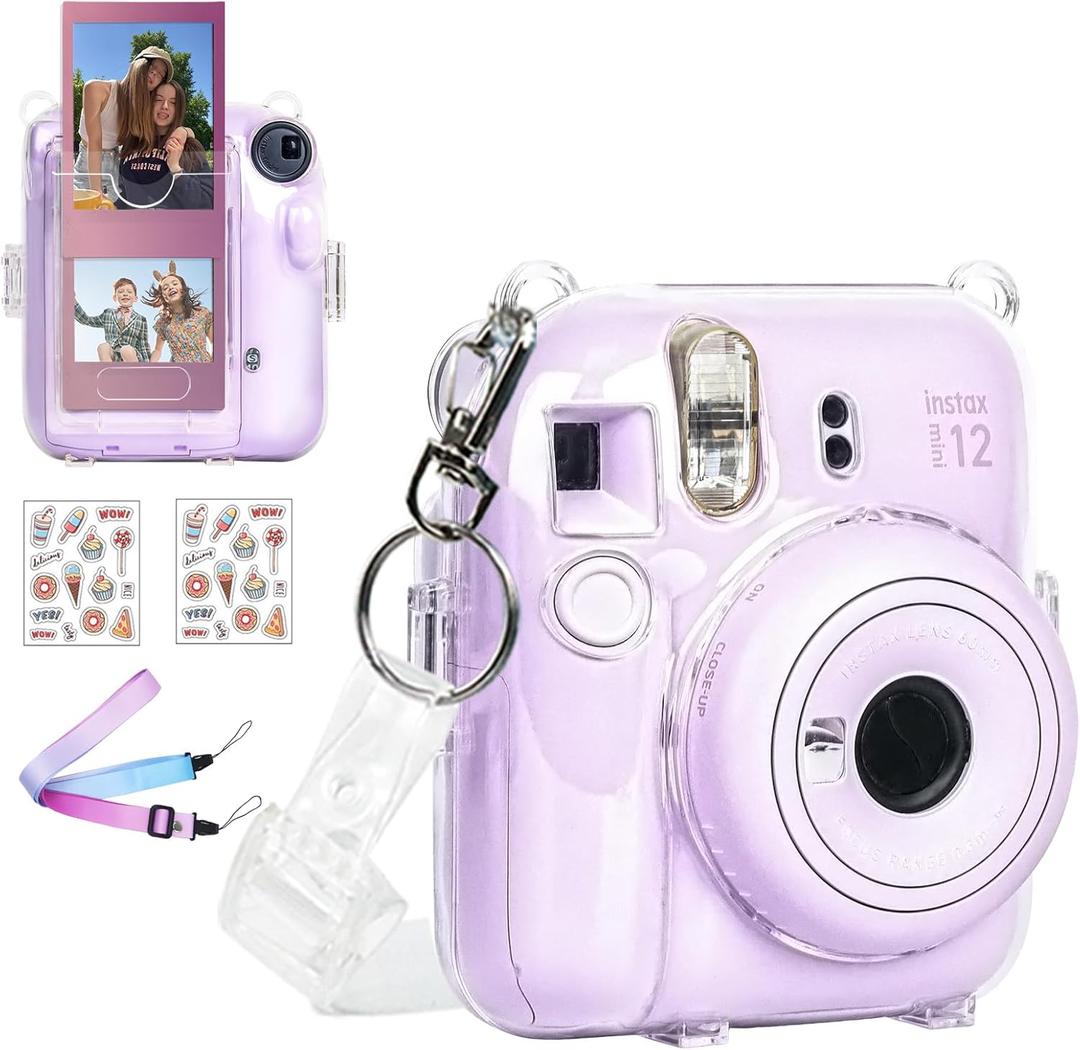 WOGOZAN Instant Mini 12 Clear Case for Fujifilm Instax Mini 12 Instant Film Camera, Camera Protective Case with Upgraded Back Pocket Hold 10 Films and Two Adjustable Strap (No Camera)